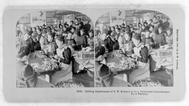 Cutting department of B.W. Kilburn & Co's. celebrated stereoscopic view factory. Click for full size. Cutting department of B.W. Kilburn & Co's. celebrated stereoscopic view factory image. Click for full size.