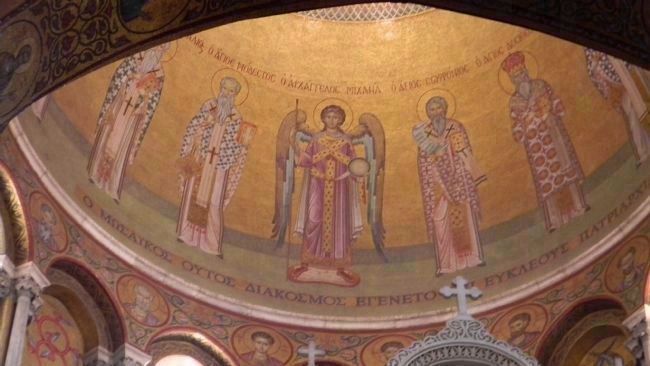 Images on the "Rotunda of the Anastasis" (i.e. the Resurrection), the dome above the Holy Sepulchre image. Click for full size.