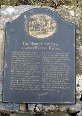 The Mormon Battalion at Council Grove, Kansas Marker. Click for full size. The Mormon Battalion at Council Grove, Kansas Marker image. Click for full size.