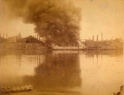 Burning Pinkerton barge on the Mongahela River image. Click for full size.