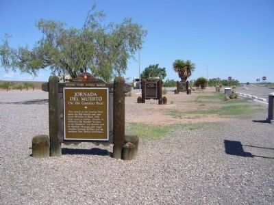 View north of three Historical Markers at this rest area image. Click for full size.