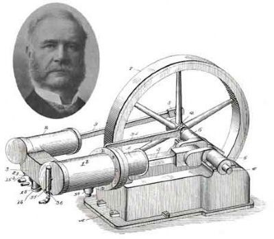 An inset portrait of Joseph Reid and a larger etching of his single piston engine image. Click for full size.