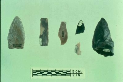 Miller lanceolate speartip and other artifacts from the Meadowcroft Rockshelter image. Click for full size.