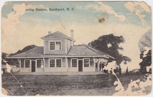 Postcard View: Train Leaving Station, Southport, N.C. (WB&S Railroad). Click for full size. Postcard View: Train Leaving Station, Southport, N.C. (WB&S Railroad) image. Click for full size.