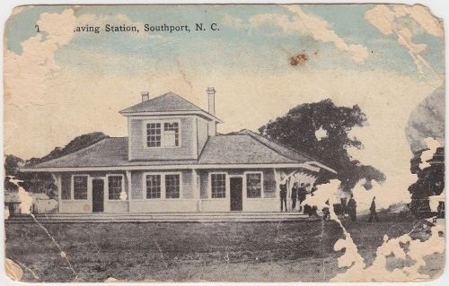 Postcard View: Train Leaving Station, Southport, N.C. (WB&S Railroad) image. Click for full size.