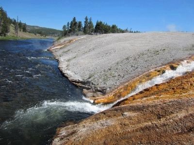 Excelsior Geyser outflow into the Firehole River (4000 gallons per min) image. Click for full size.
