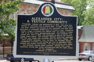 Alexander City: A Textile Community Marker (Side A). Click for full size. Alexander City: A Textile Community Marker (Side A) image. Click for full size.