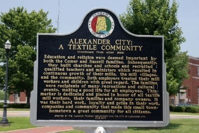 Alexander City: A Textile Community Marker (Side B). Click for full size. Alexander City: A Textile Community Marker (Side B) image. Click for full size.
