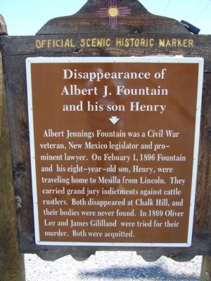Disappearance of Albert J. Fountain and his son Henry Marker. Click for full size. Disappearance of Albert J. Fountain and his son Henry Marker image. Click for full size.