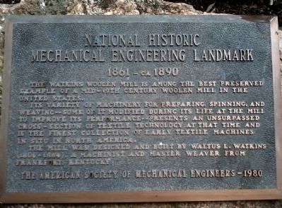 Marker designating Watkins Mill as a National Historic Mechanical Engineering Landmark image. Click for full size.