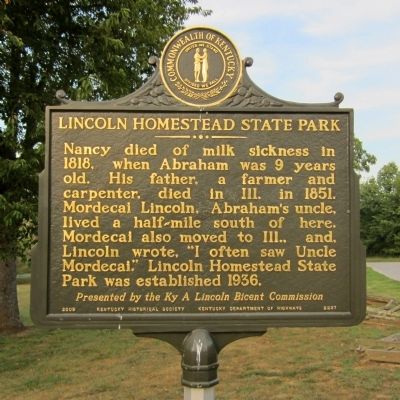Lincoln Homestead State Park Marker (reverse). Click for full size. Lincoln Homestead State Park Marker (reverse) image. Click for full size.