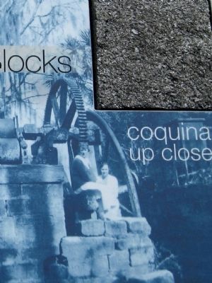 Marker close-up: Coquina block and photo of coquina machine base image. Click for full size.