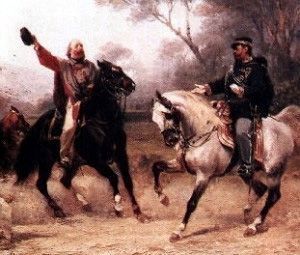 "The Handshake at Teano": Vittorio Emanuele meets Giuseppe Garibaldi, October 26, 1860. image. Click for full size.