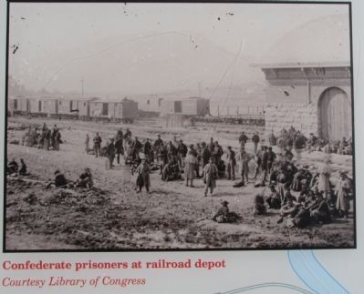 Confederate prisoners at railroad depot image. Click for full size.