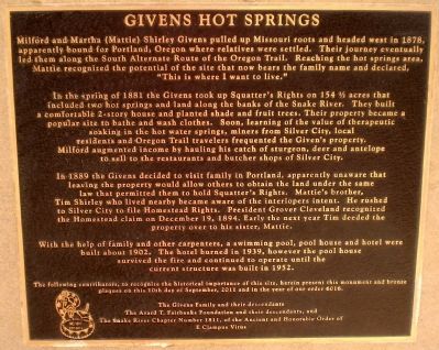 Givens Hot Springs Marker. Click for full size. Givens Hot Springs Marker image. Click for full size.