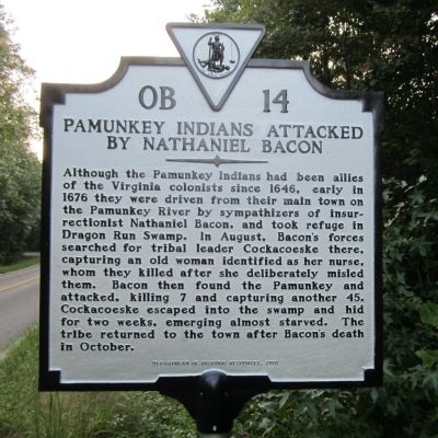 Pamunkey Indians Attacked by Nathaniel Bacon Marker image. Click for full size.