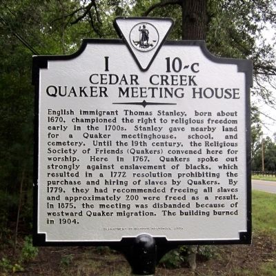 Cedar Creek Quaker Meeting House Marker image. Click for full size.