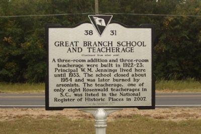Great Branch School and Teacherage Marker, reverse side image. Click for full size.
