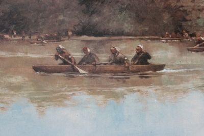 Image of the Indian Allies paddling across the river in the former Red Stick's canoes. image. Click for full size.