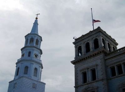 St. Michael's Steeple (Left)<br>U.S. Post Office Tower (Right). Click for full size. St. Michael's Steeple (Left)<br>U.S. Post Office Tower (Right) image. Click for full size.