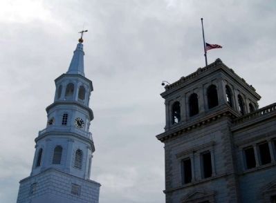 St. Michael's Steeple (Left)<br>U.S. Post Office Tower (Right) image. Click for full size.