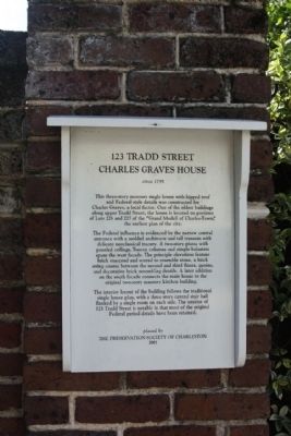 123 Tradd Street Charles Graves House Marker. Click for full size. 123 Tradd Street Charles Graves House Marker image. Click for full size.
