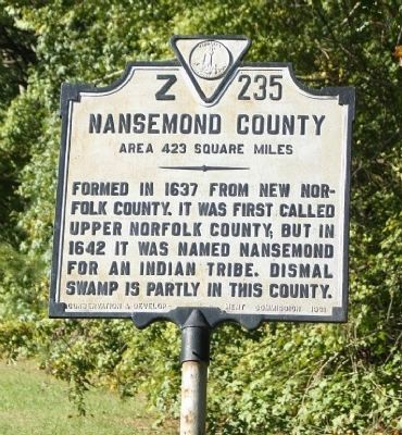 Nansemond County / Norfolk County Marker. Click for full size. Nansemond County / Norfolk County Marker image. Click for full size.