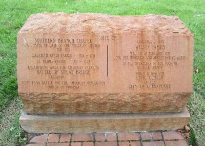 Southern Branch Chapel / Battle of Great Bridge / Wilson Family Marker. Click for full size. Southern Branch Chapel / Battle of Great Bridge / Wilson Family Marker image. Click for full size.