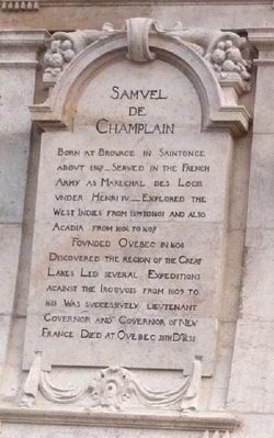 Champlain Monument - text on west side of pedestal image. Click for full size.