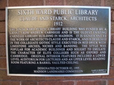 Sixth Ward Public Library Marker image. Click for full size.