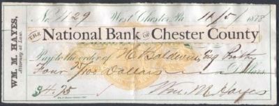 1878, Bank of Chester County - Check image. Click for full size.