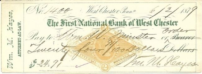 1879 - check from, The First National Bank of West Chester image. Click for full size.