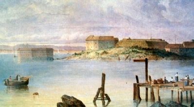 <i>Fort Scammel and Fort Gorges, Maine</i> Painting on Looking North Marker image. Click for full size.