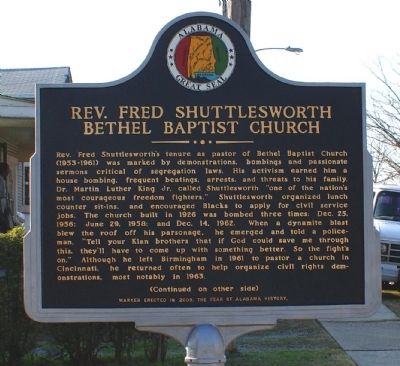 Rev. Fred Shuttlesworth Bethel Baptist Church Marker image. Click for full size.