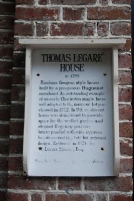 Thomas Legare House Marker image. Click for full size.