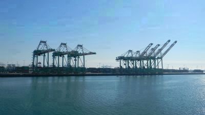 Port of Los Angeles' giant container cranes - on Terminal Island, across the harbor channel image. Click for full size.