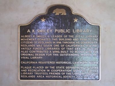 A.K. Smiley Public Library Marker image. Click for full size.