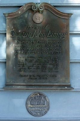 Home of Doctor John Lining Marker and The Carolopolis Award image. Click for full size.
