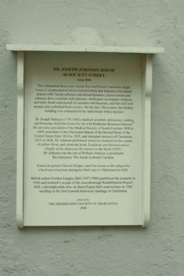 Dr. Joseph Johnson House 56 Society Street Marker. Click for full size. Dr. Joseph Johnson House 56 Society Street Marker image. Click for full size.