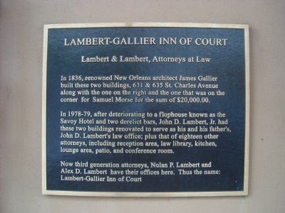 Lambert-Gallier Inn of Court Marker. Click for full size. Lambert-Gallier Inn of Court Marker image. Click for full size.