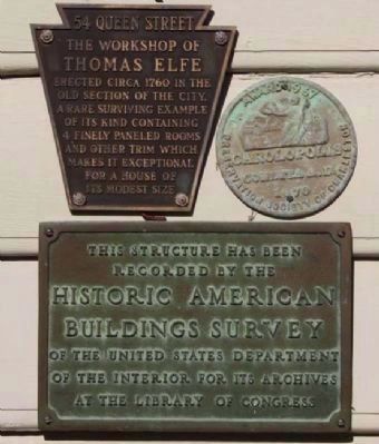 54 Queen Street Markers, includes the The Carolopolis Award and Historic American Buildings Survey image. Click for full size.