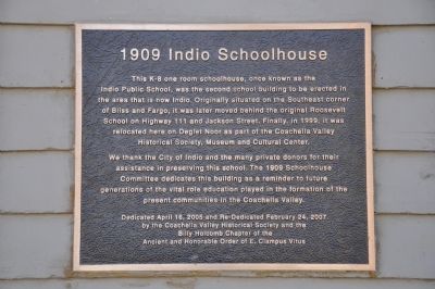 1909 Indio Schoolhouse Marker. Click for full size. 1909 Indio Schoolhouse Marker image. Click for full size.