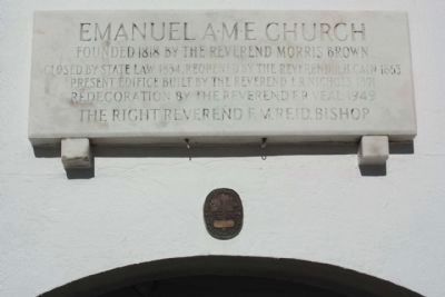 Emanuel A.M.E. Church Marker, with National Register Medallion. Click for full size. Emanuel A.M.E. Church Marker, with National Register Medallion image. Click for full size.