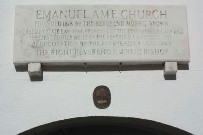 Emanuel A.M.E. Church Marker, with National Register Medallion image. Click for full size.