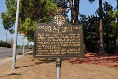 Logan's & Blair's Camp Nancy's Creek Marker. Click for full size. Logan's & Blair's Camp Nancy's Creek Marker image. Click for full size.