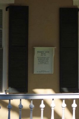 Benjamin Lucas House Marker, nestled between shutters image. Click for full size.