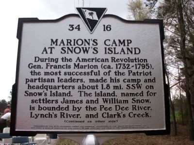 Marion's Camp at Snow's Island Marker image. Click for full size.
