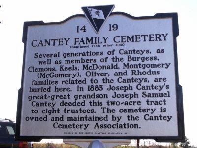 Cantey Family Cemetery Marker Reverse image. Click for full size.