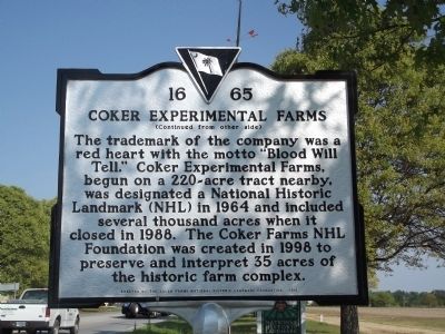 Coker's Pedigreed Seed Company /Coker Experimental Farms Marker Reverse image. Click for full size.