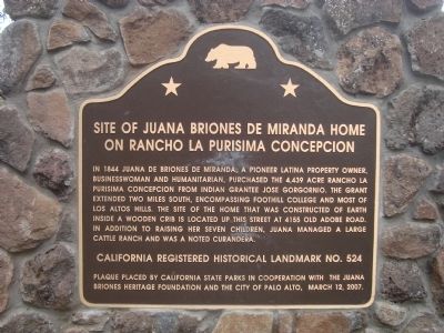 Site of Juana Briones de Miranda Home on Rancho La Purisima Concepcion Marker image. Click for full size.